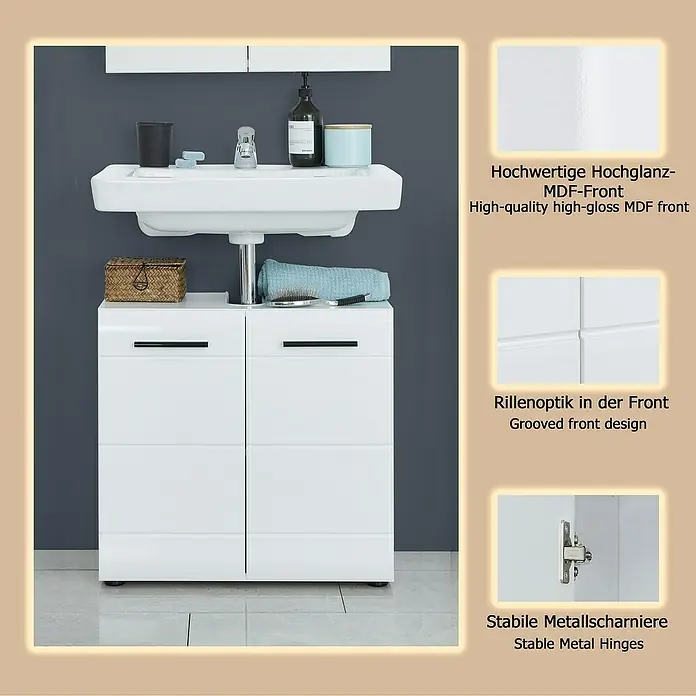 Trendteam Skin Waschtischunterschrank - 60 x 31 x 56 cm, Weiß, Glänzend - Weißer Hochglanz-MDF-Badschrank mit gerillter Front und Metallscharnieren, mit Waschbecken in einem modernen Bad.