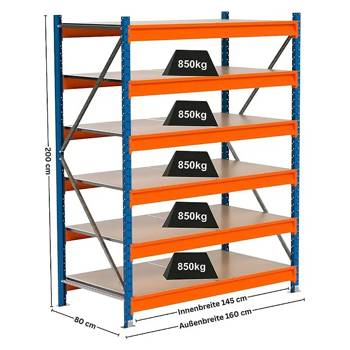 Proregal Schwerlastregal Industrie Weitspannregal MAXIMUS Pro - H x B x T: 200 x 160 x 80 cm, Traglast pro Boden: 850 kg, Anzahl Böden: 6 Stk., Stecken, Blau/Orange
