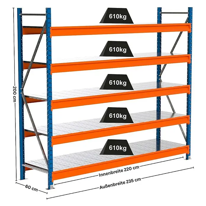 Proregal Schwerlastregal Industrie Weitspannregal MAXIMUS Pro - H x B x T: 200 x 235 x 60 cm, Traglast pro Boden: 610 kg, Anzahl Böden: 5 Stk., Stecken, Blau/Orange