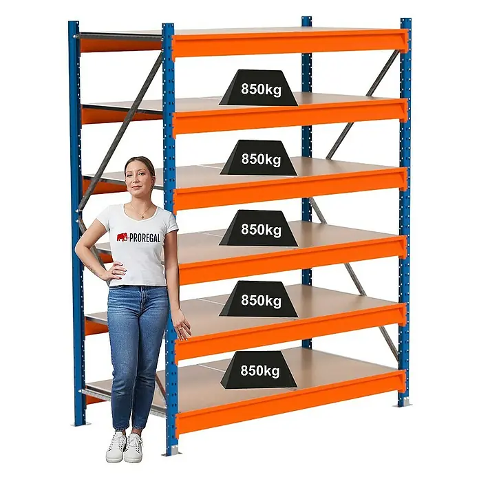 Proregal Schwerlastregal Industrie Weitspannregal MAXIMUS Pro - H x B x T: 200 x 160 x 80 cm, Traglast pro Boden: 850 kg, Anzahl Böden: 6 Stk., Stecken, Blau/Orange