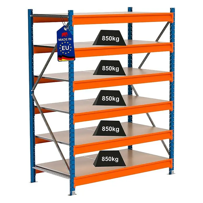 Proregal Schwerlastregal Industrie Weitspannregal MAXIMUS Pro - H x B x T: 200 x 160 x 80 cm, Traglast pro Boden: 850 kg, Anzahl Böden: 6 Stk., Stecken, Blau/Orange