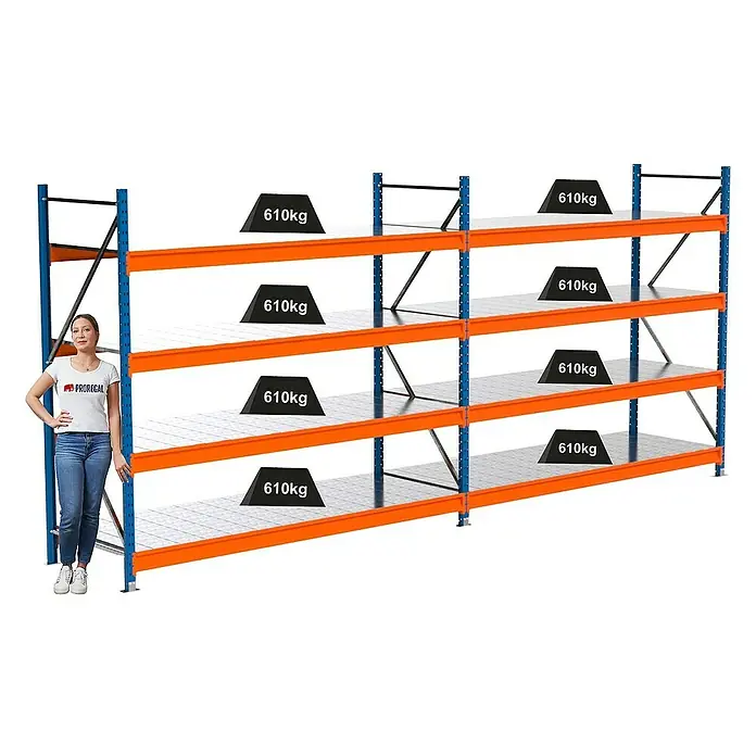 Proregal Schwerlastregal Industrie Weitspannregal MAXIMUS Pro - H x B x T: 200 x 460 x 80 cm, Traglast pro Boden: 610 kg, Anzahl Böden: 4 Stk., Stecken, Blau/Orange
