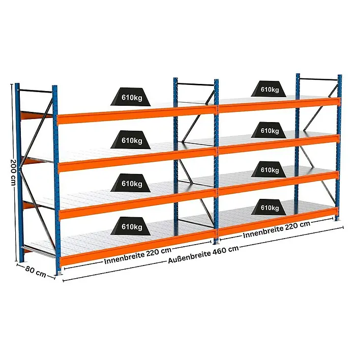 Proregal Schwerlastregal Industrie Weitspannregal MAXIMUS Pro - H x B x T: 200 x 460 x 80 cm, Traglast pro Boden: 610 kg, Anzahl Böden: 4 Stk., Stecken, Blau/Orange