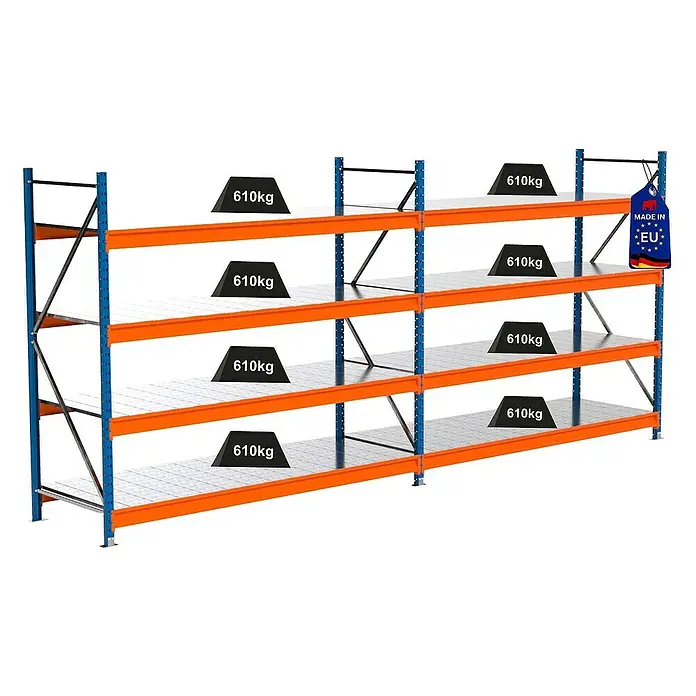 Proregal Schwerlastregal Industrie Weitspannregal MAXIMUS Pro - H x B x T: 200 x 460 x 80 cm, Traglast pro Boden: 610 kg, Anzahl Böden: 4 Stk., Stecken, Blau/Orange
