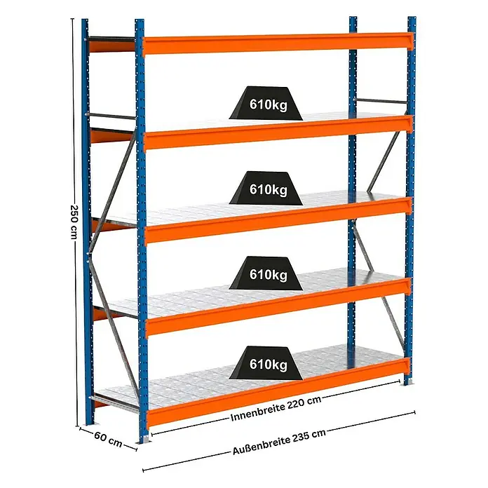 Proregal Schwerlastregal Industrie Weitspannregal MAXIMUS Pro - H x B x T: 250 x 235 x 60 cm, Traglast pro Boden: 610 kg, Anzahl Böden: 5 Stk., Stecken, Blau/Orange