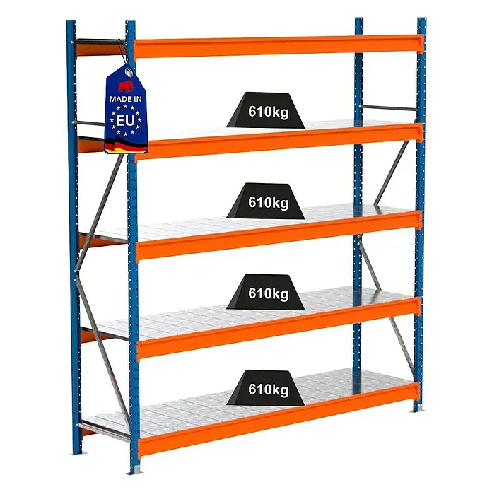Proregal Schwerlastregal Industrie Weitspannregal MAXIMUS Pro - H x B x T: 250 x 235 x 60 cm, Traglast pro Boden: 610 kg, Anzahl Böden: 5 Stk., Stecken, Blau/Orange