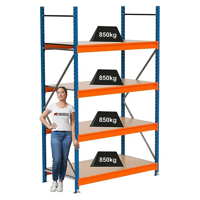 Proregal Schwerlastregal Industrie Weitspannregal MAXIMUS Pro - H x B x T: 250 x 160 x 80 cm, Traglast pro Boden: 850 kg, Anzahl Böden: 4 Stk., Stecken, Blau/Orange