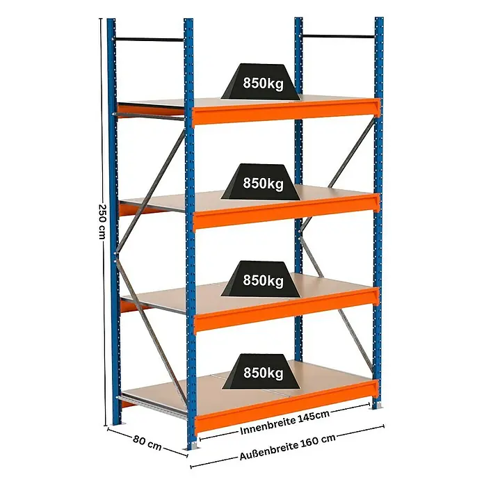 Proregal Schwerlastregal Industrie Weitspannregal MAXIMUS Pro - H x B x T: 250 x 160 x 80 cm, Traglast pro Boden: 850 kg, Anzahl Böden: 4 Stk., Stecken, Blau/Orange