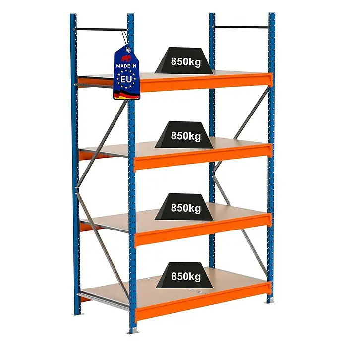 Proregal Schwerlastregal Industrie Weitspannregal MAXIMUS Pro - H x B x T: 250 x 160 x 80 cm, Traglast pro Boden: 850 kg, Anzahl Böden: 4 Stk., Stecken, Blau/Orange
