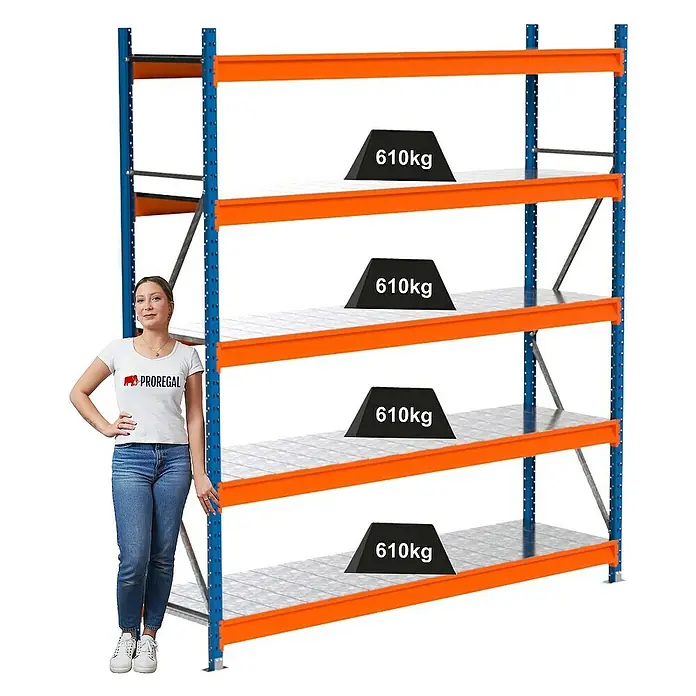 Proregal Schwerlastregal Industrie Weitspannregal MAXIMUS Pro - H x B x T: 250 x 235 x 60 cm, Traglast pro Boden: 610 kg, Anzahl Böden: 5 Stk., Stecken, Blau/Orange