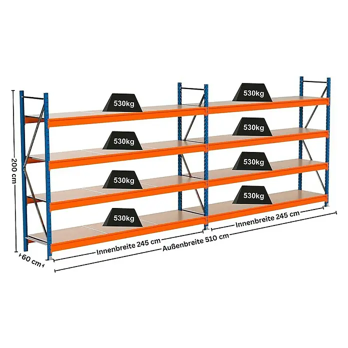 Proregal Schwerlastregal Industrie Weitspannregal MAXIMUS Pro - H x B x T: 200 x 510 x 60 cm, Traglast pro Boden: 530 kg, Anzahl Böden: 4 Stk., Stecken, Blau/Orange