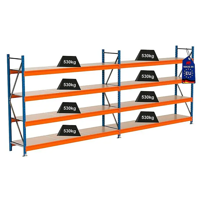 Proregal Schwerlastregal Industrie Weitspannregal MAXIMUS Pro - H x B x T: 200 x 510 x 60 cm, Traglast pro Boden: 530 kg, Anzahl Böden: 4 Stk., Stecken, Blau/Orange