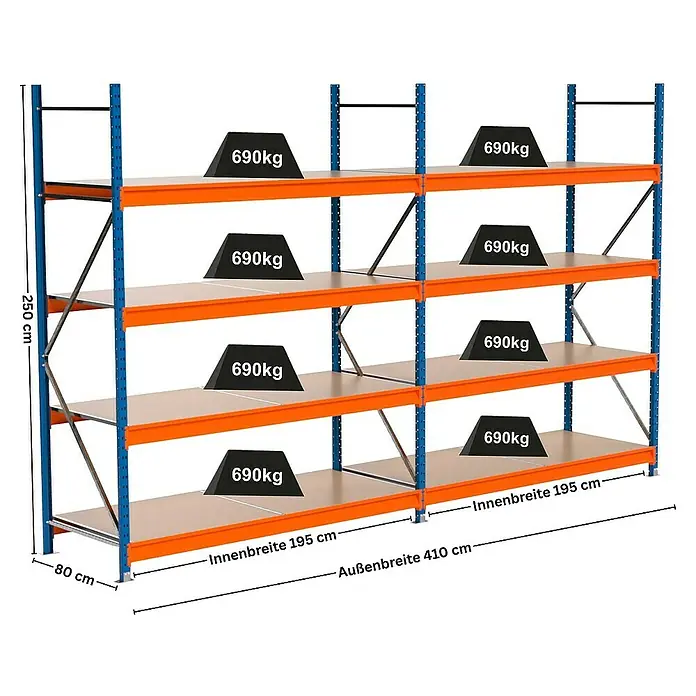 Proregal Schwerlastregal Industrie Weitspannregal MAXIMUS Pro - H x B x T: 250 x 410 x 80 cm, Traglast pro Boden: 690 kg, Anzahl Böden: 4 Stk., Stecken, Blau/Orange