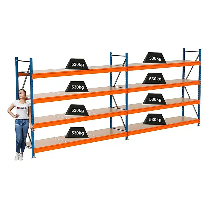 Proregal Schwerlastregal Industrie Weitspannregal MAXIMUS Pro - H x B x T: 200 x 510 x 60 cm, Traglast pro Boden: 530 kg, Anzahl Böden: 4 Stk., Stecken, Blau/Orange