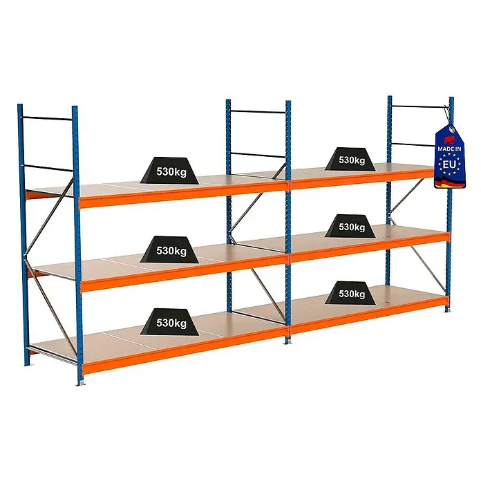 Proregal Schwerlastregal Industrie Weitspannregal MAXIMUS Pro - H x B x T: 250 x 510 x 100 cm, Traglast pro Boden: 530 kg, Anzahl Böden: 3 Stk., Stecken, Blau/Orange