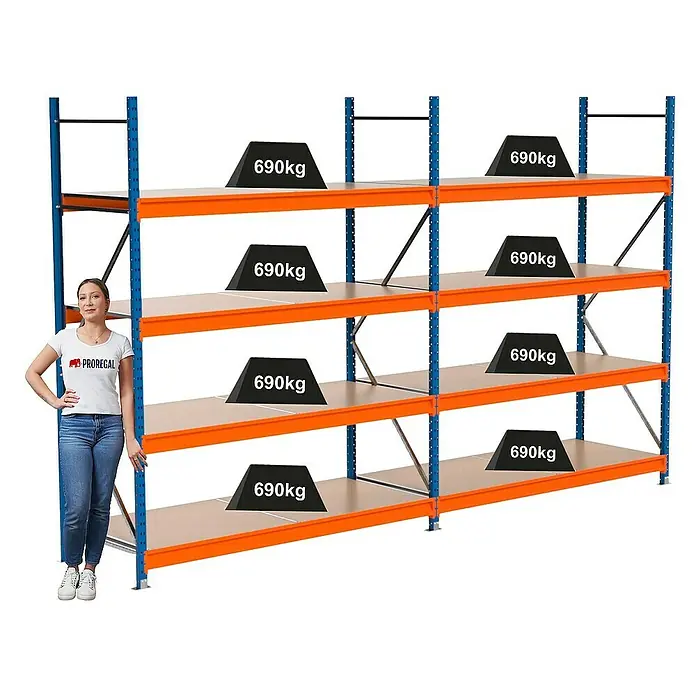 Proregal Schwerlastregal Industrie Weitspannregal MAXIMUS Pro - H x B x T: 250 x 410 x 80 cm, Traglast pro Boden: 690 kg, Anzahl Böden: 4 Stk., Stecken, Blau/Orange
