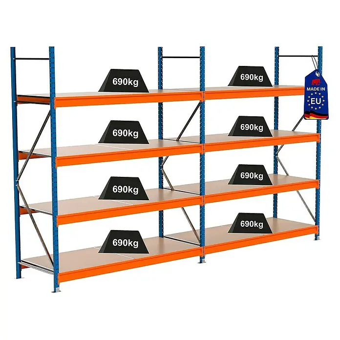 Proregal Schwerlastregal Industrie Weitspannregal MAXIMUS Pro - H x B x T: 250 x 410 x 80 cm, Traglast pro Boden: 690 kg, Anzahl Böden: 4 Stk., Stecken, Blau/Orange