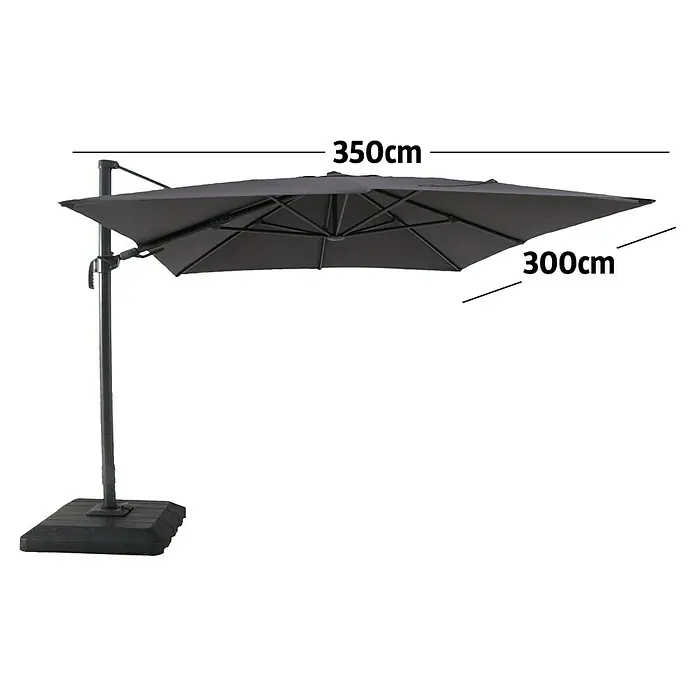 Sunfun Ampelschirm Capri - Anthrazit, Bespannungsmaß (L x B): 300 x 350 cm - Dunkelgrauer rechteckiger Ampelschirm mit 350x300cm Schirmdach, auf stabilem Mast und Fuß.
