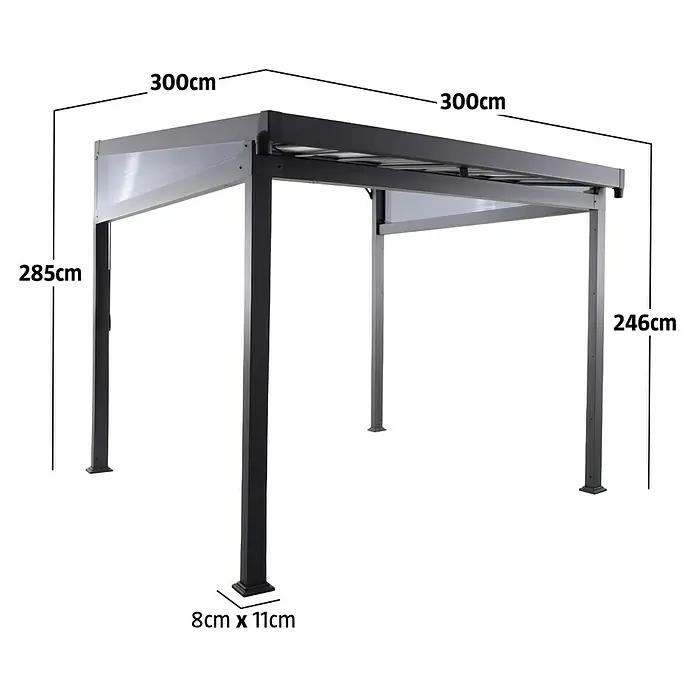 Sunfun Anstellpavillon Ibiza - B x T: 300 x 300 cm, Farbe Gestell: Anthrazit, Aluminium - Dunkelgraue Aluminium-Pergola mit lichtdurchlässigem Dach, 300x300cm groß, Höhe von 246cm bis 285cm.