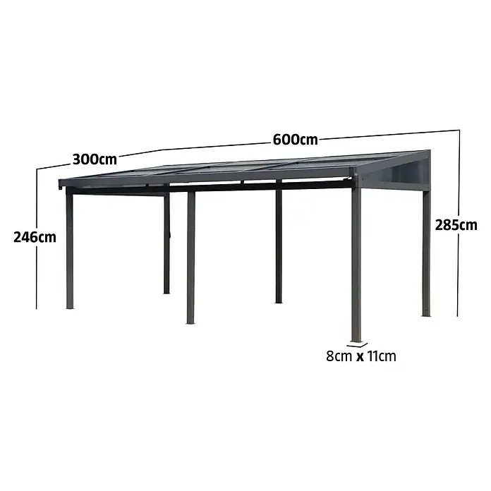Sunfun Anstellpavillon Ibiza - B x T: 600 x 300 cm, Farbe Gestell: Anthrazit, Aluminium - Graues Metall-Carport/Terrassenüberdachung mit lichtdurchlässigem Dach. Maße: 600x300cm, Höhen 246cm (vorne) und 285cm (hinten).