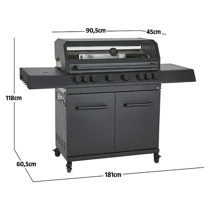 Kingstone KMS Gasgrill Cliff 6500 Beast Black Edition - Grillfläche (B x T): 90,5 x 45 cm, 21 kW, Anzahl Brenner: 6 Stk. - Matter schwarzer Gasgrill mit mehreren Brennern, Beistelltischen, Deckelthermometer und zweitürigem Unterschrank auf Rollen.