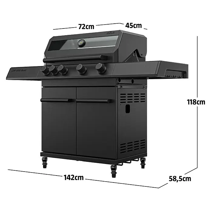 Kingstone KMS Gasgrill Cliff 4500 Beast Black Edition - Grillfläche (B x T): 72 x 45 cm, 14 kW, Anzahl Brenner: 4 Stk. - Schwarzer Cliff 4500 Beast Gasgrill mit vier Brennern, Seitenablagen und Unterschrank auf Rollen.