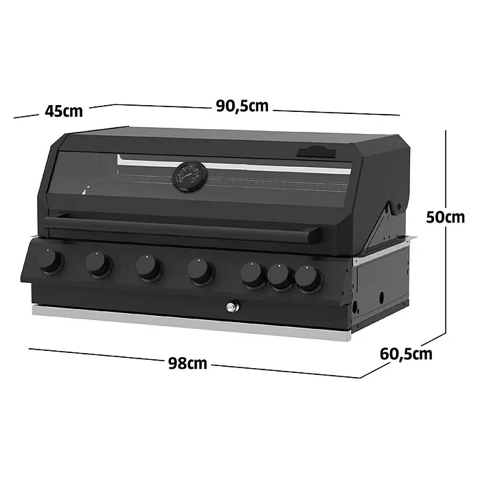 Kingstone KMS Gasgrill Cliff 6005 Beast Built In - Grillfläche (B x T): 90,5 x 45 cm, 21 kW, Anzahl Brenner: 6 Stk. - Schwarze Gasgrill-Einheit mit Glasdeckel, integriertem Thermometer und sechs Bedienknöpfen.