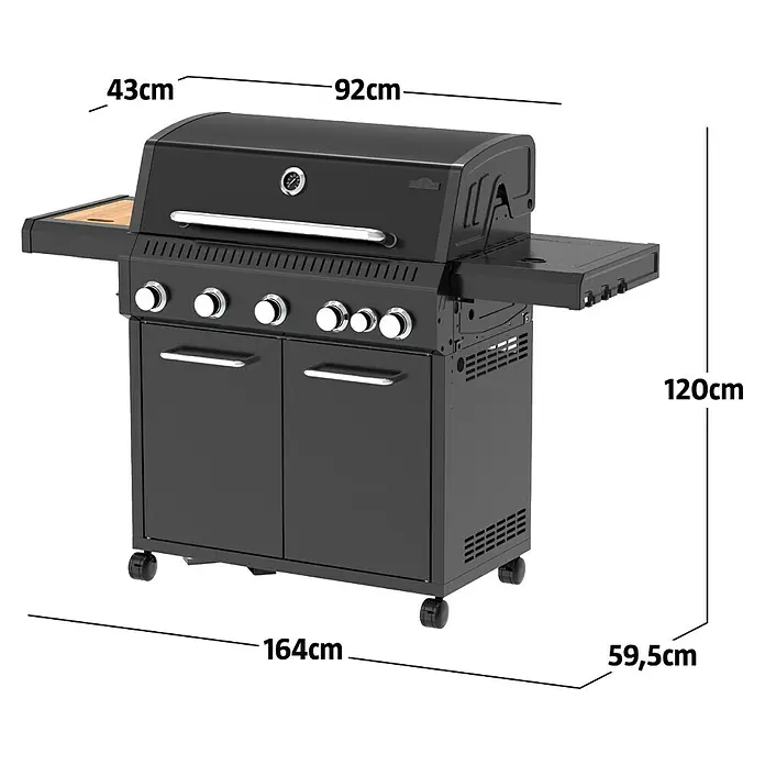 Kingstone Gasgrill Diner 5500 Beast - Grillfläche (B x T): 92 x 43 cm, 17,5 kW, Anzahl Brenner: 5 Stk. - Schwarzer Gasgrill mit Seitenablagen, Unterschrank und Chromakzenten, mit Maßen dargestellt.