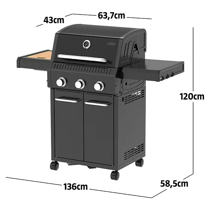 Kingstone Gasgrill Diner 3000 Beast - Grillfläche (B x T): 63,7 x 43 cm, 10,5 kW, Anzahl Brenner: 3 Stk. - Schwarzer Gasgrill mit Seitenablagen, 3 Brennern und Thermometer. B136 x T58,5 x H120 cm.