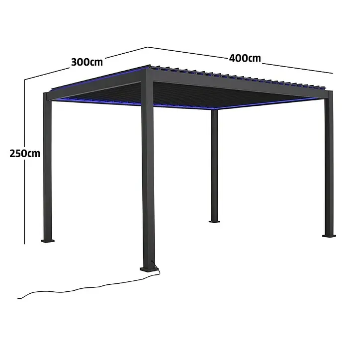 Sunfun Lamellenpavillon Korfu - B x T: 400 x 300 cm, Farbe Gestell: Anthrazit, Aluminium - Schwarze Metallpergola mit blauen LEDs, Maße 400x300x250cm (LxBxH).