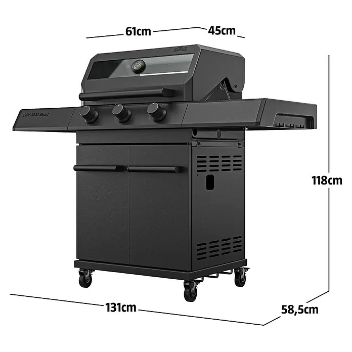 Kingstone KMS Gasgrill Cliff 3000 Beast Black Edition - Grillfläche (B x T): 61 x 45 cm, 10,5 kW, Anzahl Brenner: 3 Stk. - Robuster schwarzer Gasgrill mit Thermometer, Seitenablagen und Rollunterschrank.