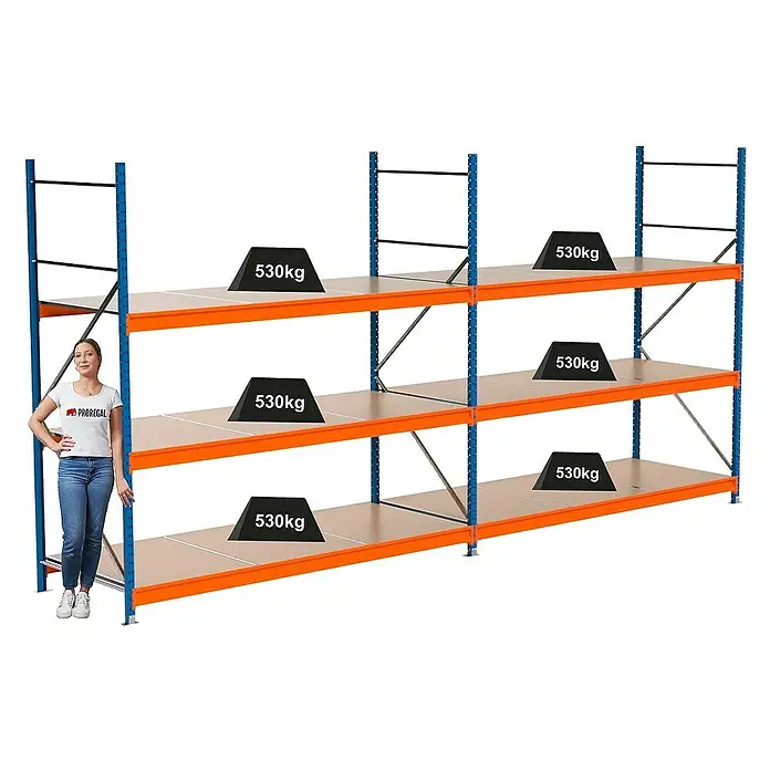 Proregal Schwerlastregal Industrie Weitspannregal MAXIMUS Pro - H x B x T: 250 x 510 x 100 cm, Traglast pro Boden: 530 kg, Anzahl Böden: 3 Stk., Stecken, Blau/Orange