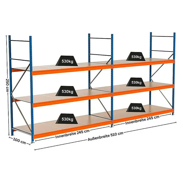 Proregal Schwerlastregal Industrie Weitspannregal MAXIMUS Pro - H x B x T: 250 x 510 x 100 cm, Traglast pro Boden: 530 kg, Anzahl Böden: 3 Stk., Stecken, Blau/Orange