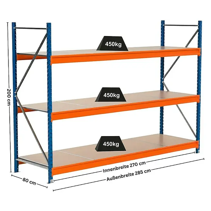 Proregal Schwerlastregal Industrie Weitspannregal MAXIMUS Pro - H x B x T: 200 x 285 x 80 cm, Traglast pro Boden: 450 kg, Anzahl Böden: 3 Stk., Stecken, Blau/Orange