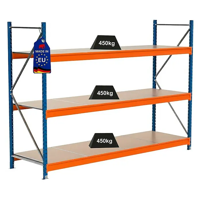 Proregal Schwerlastregal Industrie Weitspannregal MAXIMUS Pro - H x B x T: 200 x 285 x 80 cm, Traglast pro Boden: 450 kg, Anzahl Böden: 3 Stk., Stecken, Blau/Orange