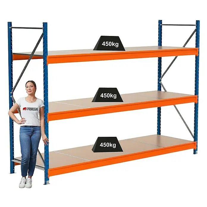 Proregal Schwerlastregal Industrie Weitspannregal MAXIMUS Pro - H x B x T: 200 x 285 x 80 cm, Traglast pro Boden: 450 kg, Anzahl Böden: 3 Stk., Stecken, Blau/Orange