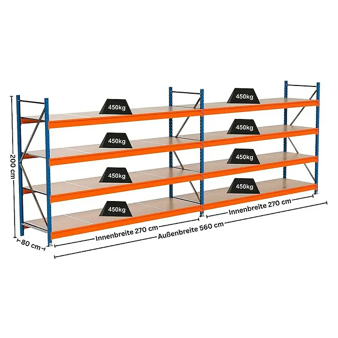 Proregal Schwerlastregal Industrie Weitspannregal MAXIMUS Pro - H x B x T: 200 x 560 x 80 cm, Traglast pro Boden: 450 kg, Anzahl Böden: 4 Stk., Stecken, Blau/Orange