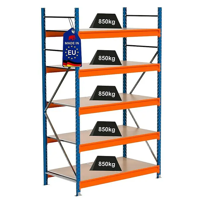 Proregal Schwerlastregal Industrie Weitspannregal MAXIMUS Pro - H x B x T: 250 x 160 x 80 cm, Traglast pro Boden: 850 kg, Anzahl Böden: 5 Stk., Stecken, Blau/Orange