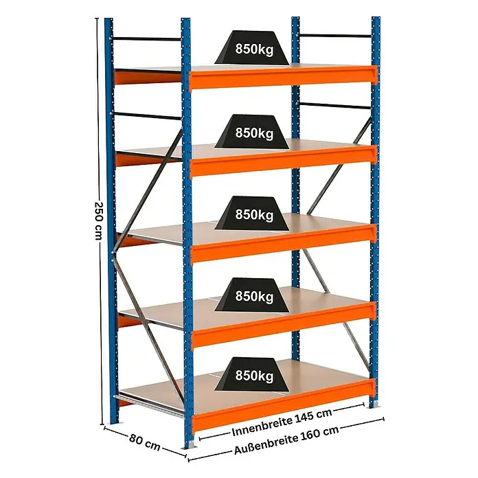 Proregal Schwerlastregal Industrie Weitspannregal MAXIMUS Pro - H x B x T: 250 x 160 x 80 cm, Traglast pro Boden: 850 kg, Anzahl Böden: 5 Stk., Stecken, Blau/Orange