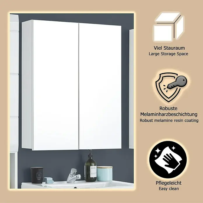 Trendteam Skin Spiegelschrank - B x H: 60 x 67 cm, Ohne Beleuchtung, Holz, Weiß - Weißer zweitüriger Wandschrank für Badezimmer, mit viel Stauraum.
