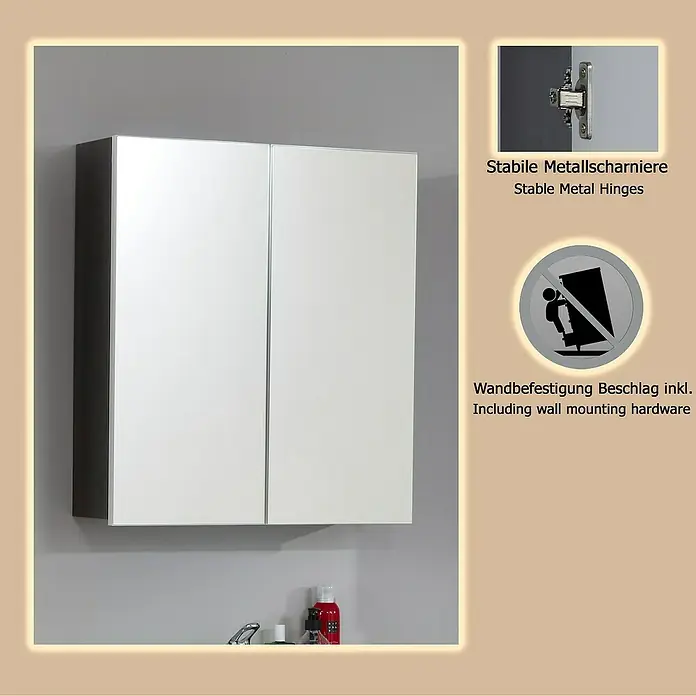 Trendteam Line Spiegelschrank - B x H: 60 x 67 cm, Ohne Beleuchtung, Holz, Sardegna Rauchsilber - Weißer zweitüriger Spiegelschrank mit stabilen Metallscharnieren, über einem Waschbecken montiert, inklusive Wandbefestigung.