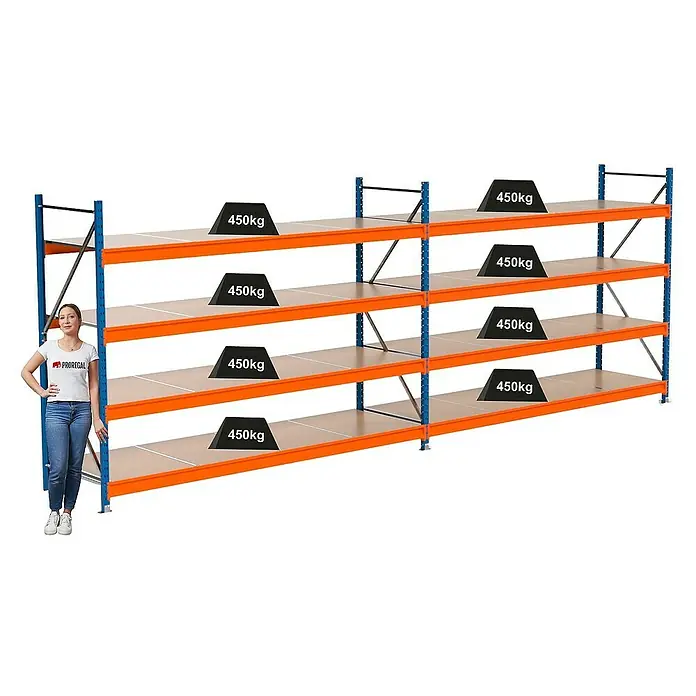 Proregal Schwerlastregal Industrie Weitspannregal MAXIMUS Pro - H x B x T: 200 x 560 x 80 cm, Traglast pro Boden: 450 kg, Anzahl Böden: 4 Stk., Stecken, Blau/Orange