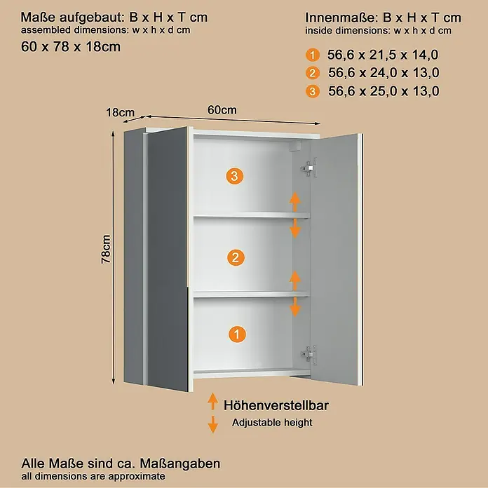 Trendteam Wons Spiegelschrank - B x H: 60 x 78 cm, Ohne Beleuchtung, Holz, Weiß - Weiß-grauer Hängeschrank, zwei Türen offen, zeigt drei Fächer mit verstellbaren Einlegeböden. Maße: 60x78x18 cm.