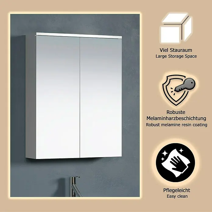 Trendteam Wons Spiegelschrank - B x H: 60 x 78 cm, Ohne Beleuchtung, Holz, Weiß - Weißer, wandmontierter Spiegelschrank mit zwei Türen über einem Wasserhahn.