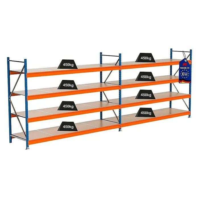 Proregal Schwerlastregal Industrie Weitspannregal MAXIMUS Pro - H x B x T: 200 x 560 x 80 cm, Traglast pro Boden: 450 kg, Anzahl Böden: 4 Stk., Stecken, Blau/Orange