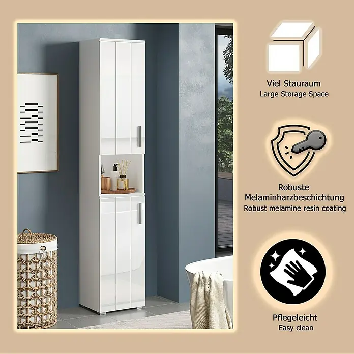 Trendteam Wons Hochschrank - 37 x 31 x 192 cm, Weiß - Hoher weißer Badschrank mit mehreren Türen und offenem Fach, bietet viel Stauraum im modernen Badezimmer.