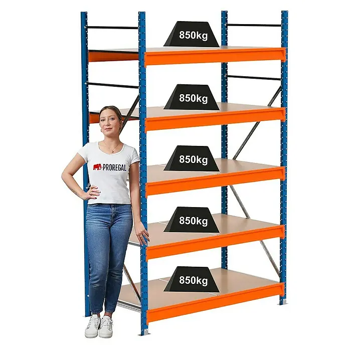 Proregal Schwerlastregal Industrie Weitspannregal MAXIMUS Pro - H x B x T: 250 x 160 x 80 cm, Traglast pro Boden: 850 kg, Anzahl Böden: 5 Stk., Stecken, Blau/Orange