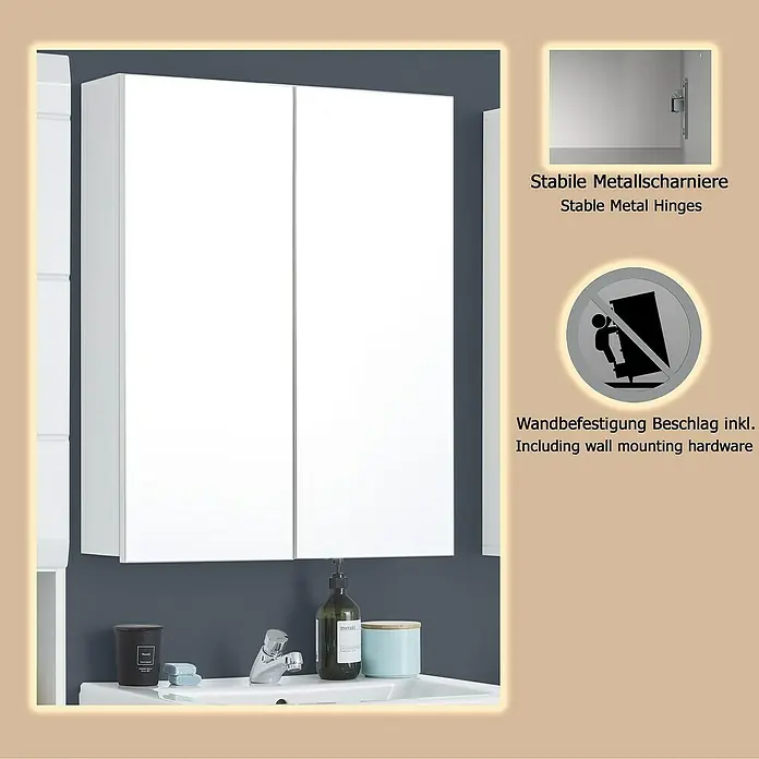 Trendteam Skin Spiegelschrank - B x H: 60 x 67 cm, Ohne Beleuchtung, Holz, Weiß - Weißer zweitüriger Wandschrank fürs Bad über einem Waschbecken, mit stabilen Metallscharnieren und Wandbefestigung.