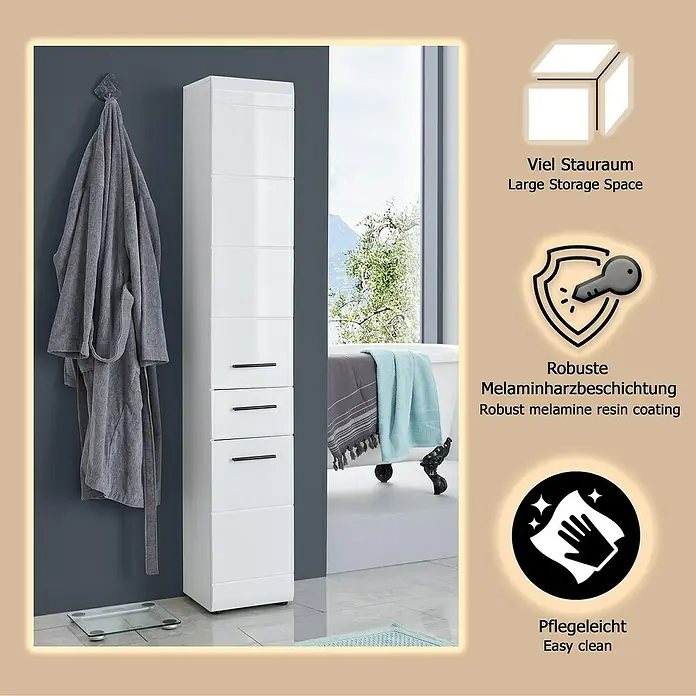 Trendteam Skin Hochschrank - 30 x 31 x 182 cm, Weiß - Hoher weißer Badschrank mit schwarzen Griffen in einem modernen Badezimmer, bietet viel Stauraum und ist pflegeleicht.