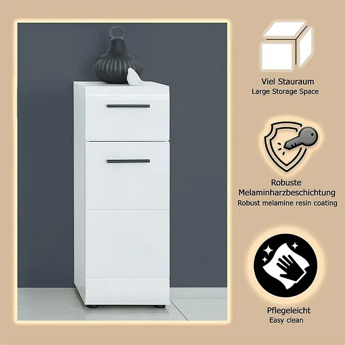 Trendteam Skin Unterschrank - 30 x 31 x 79 cm, Weiß - Weißer Hochschrank mit drei Schubladen und schwarzen Griffen, robust und pflegeleicht.